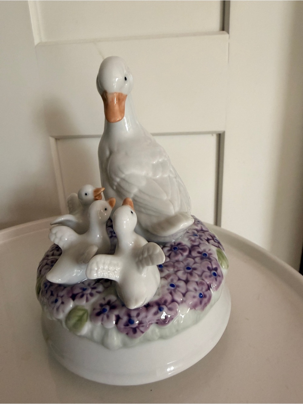 Vintage Otagiri White Porcelain Duck Family on Purple Floral Base Music Box